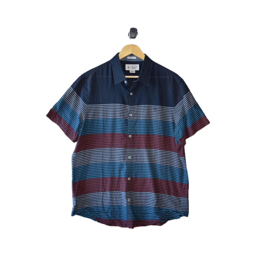 Original Penguin Shirt Mens XL Blue Red Striped Short Sleeve Heritage Slim Fit